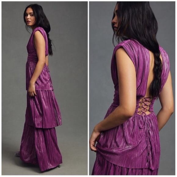 Sabina Musayev Judith Gown V-Neck Pleated Lace-Up Backless Tiered Maxi Dress - Picture 3 of 16
